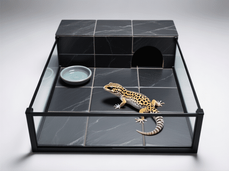 Leopard gecko enclosure, slate tile flooring cut to fit perfectly, water dish and hide on top, minimalist and clean