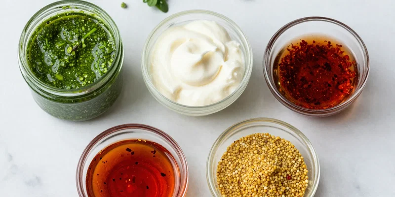 A collection of small glass jars and bowls on a marble surface, Contents: a vibrant green chimichurri, a creamy white garlic