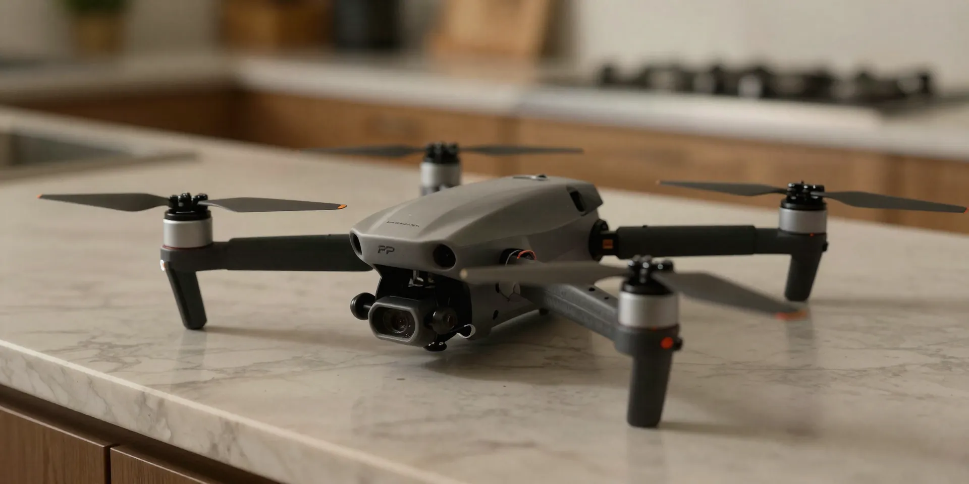 Close up shot of a small cinewhoop FPV drone with foam prop guards resting on a marble kitchen counter, cinematic depth of field, sharp focus on the drone, warm interior lighting, photorealistic