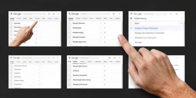 Midjourney prompt: A step-by-step storyboard sequence. 1. A hand points at a Google Sheets cell with a 
