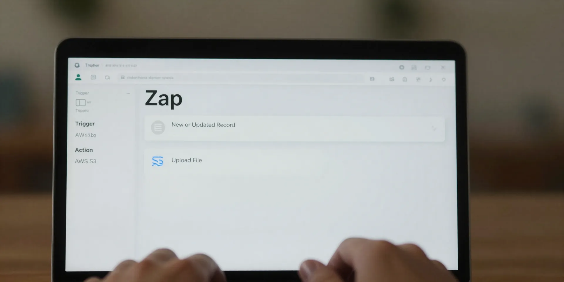 A first-person POV shot looking at a laptop screen showing a clean, focused Zapier interface. Only the key parts of building the 'Zap' are visible: Trigger: Airtable (New or Updated Record). Action: AWS S3 (Upload File). The rest is softly blurred. Desktop aesthetic, cozy lighting.
