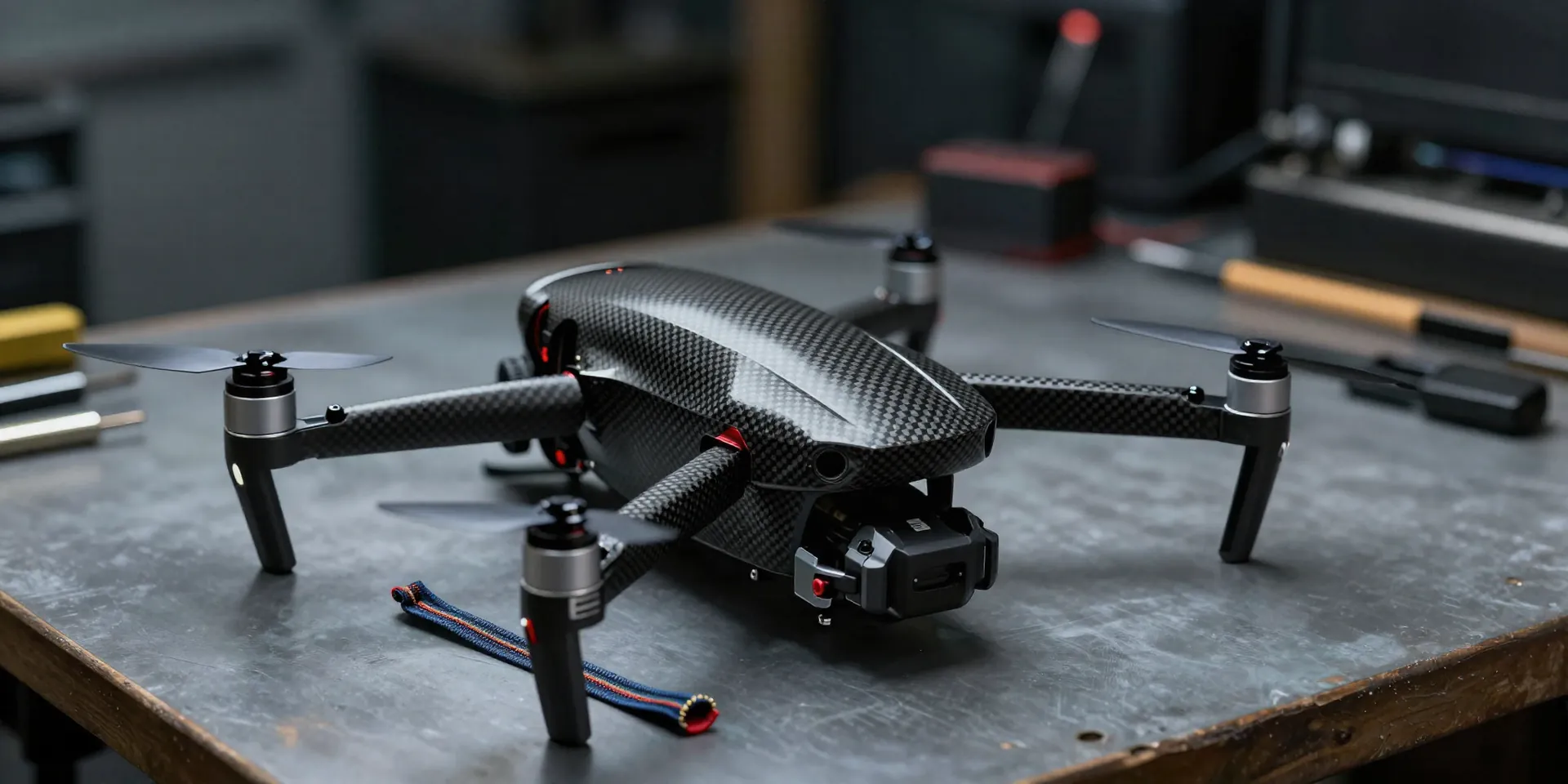 A sleek racing drone sitting on a workbench surrounded by tools and zip ties, moody garage lighting, shallow depth of field, detailed carbon fiber texture, 4k, --ar 16:9