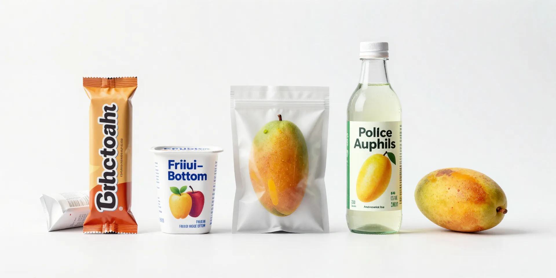 Midjourney prompt: A minimalist, clean product shot on a white background. A row of common office villains: a glossy protein bar wrapped in colorful foil, a small carton of fruit-on-the-bottom yogurt, a bag of dried mango, and a bottle of fancy agave-sweetened lemonade. Studio lighting, sharp focus.