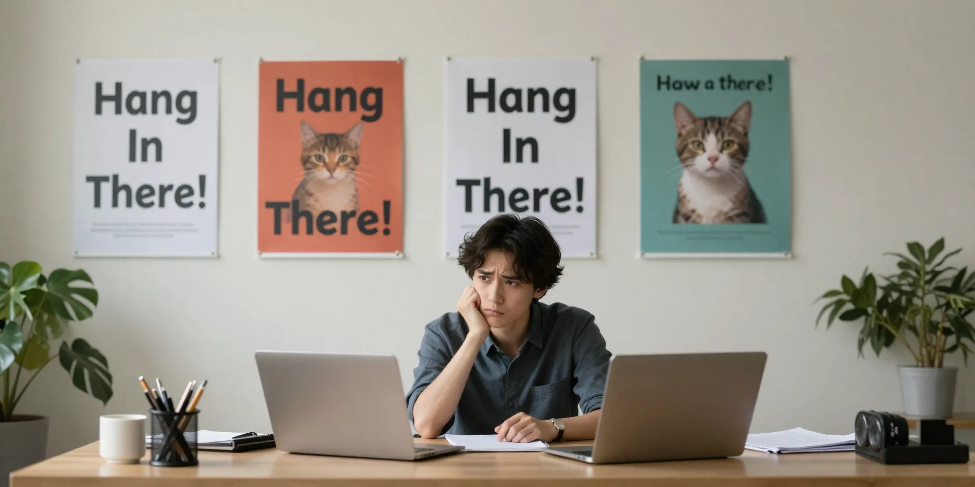 Midjourney Prompt: A therapist's office with generic, cheesy motivational posters on the wall, 'Hang In There!' with a kitten, a person looking unimpressed, photorealistic, muted colors --ar 16:9