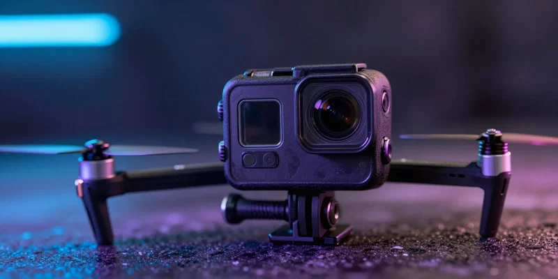 A tiny sleek black action camera mounted on a 2-inch micro FPV drone, neon cyberpunk lighting, dynamic low angle, macro photography, highly detailed --ar 16:9