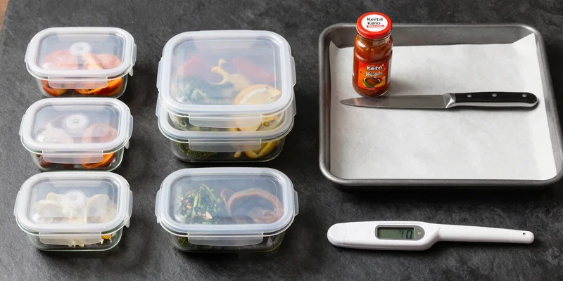 A flat lay of essential keto meal prep tools on a dark slate backdrop. Includes: 4 identical glass meal prep containers