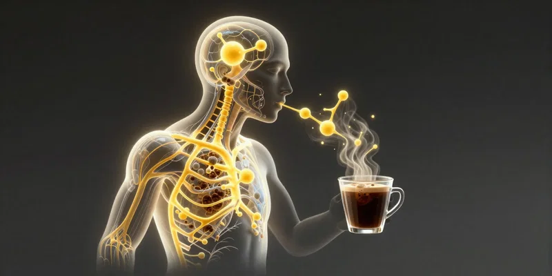 Midjourney prompt: Concept art of a human metabolic system glowing with energy, superimposed over a simple silhouette sipping coffee. Stylized yellow caffeine molecules sparking. Digital art, light on dark theme, clean scientific illustration style --ar 16:9