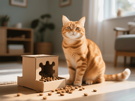 Midjourney Prompt: a satisfied-looking ginger tabby cat sitting proudly next to a simple DIY cardboard puzzle feeder with kibble pieces scattered around, natural morning light, shallow depth of field, home environment, sense of accomplishment --ar 16:9