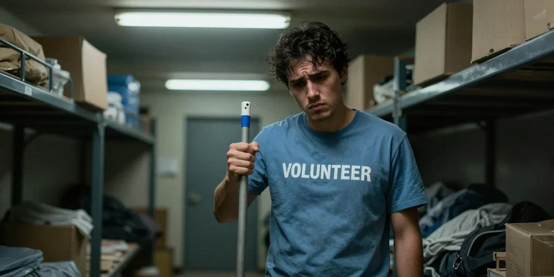 Midjourney prompt: A tired-looking volunteer in a dim, cluttered hostel storage room, holding a mop, expression of frustration, stark overhead fluorescent lighting, dramatic contrast, cinematic still --ar 16:9