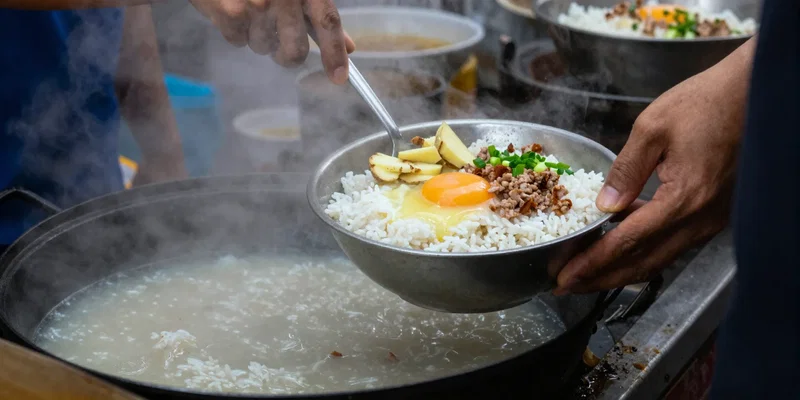 Early morning street food scene in Chiang Mai, focused on a sizzling hot plate with Jok (Thai rice porridge) being served into a bowl, topped with a raw egg, minced pork, ginger, and green onions, misty morning atmosphere, candid street photography