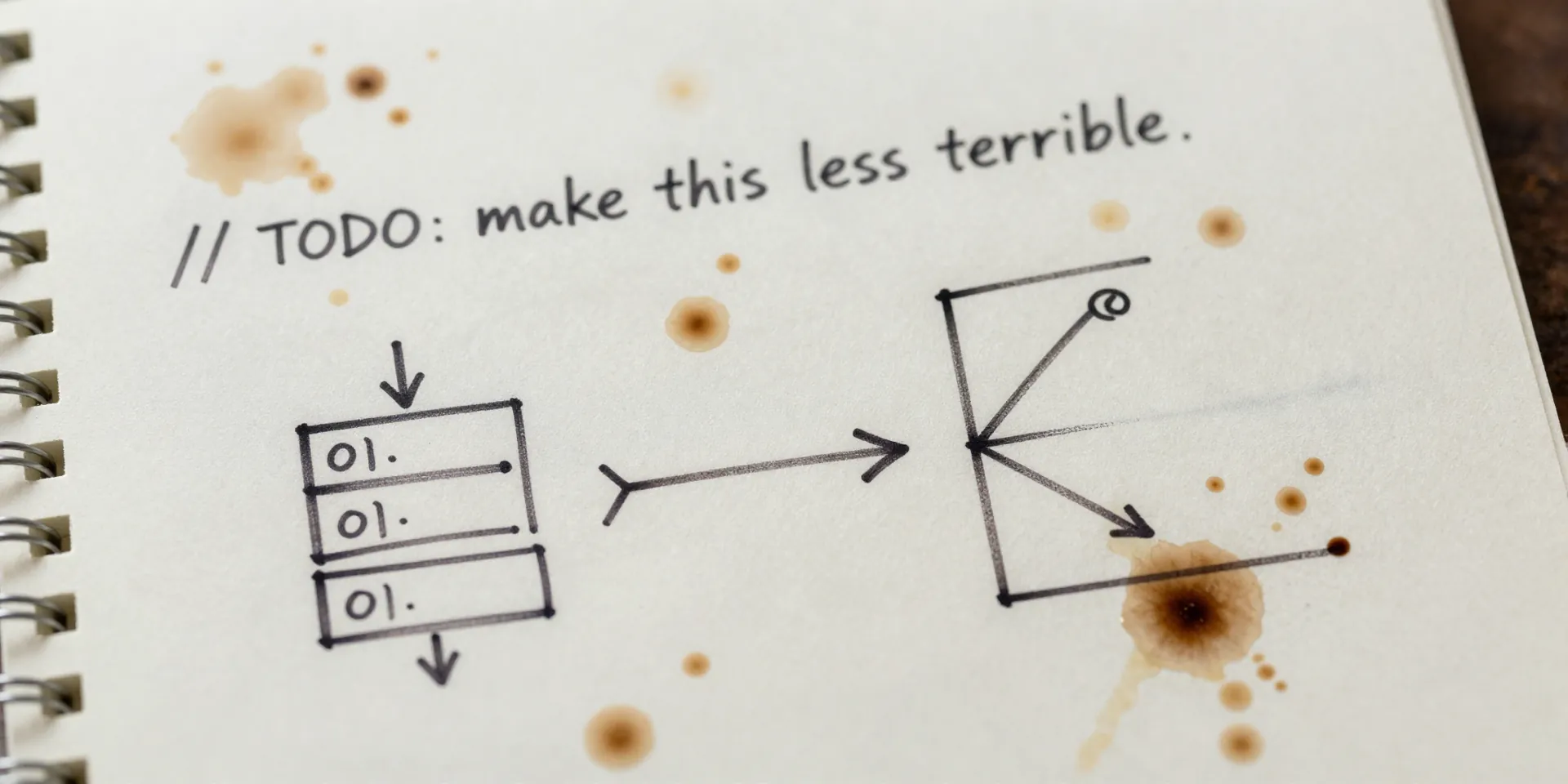 Shot of a messy, hand-drawn coding diagram on a paper notebook. Coffee stains, crossed-out lines, arrows everywhere, a rough