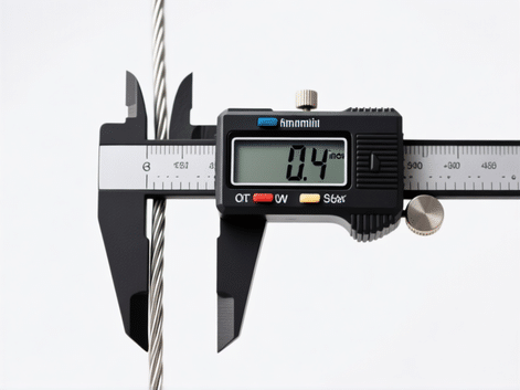 A clean, minimalist product shot showing a caliper measuring the exact gap between two thin metal wires, the digital readout clearly showing '0.4 inches', studio lighting, white background, sharp focus on the measurement, technical illustration vibe.