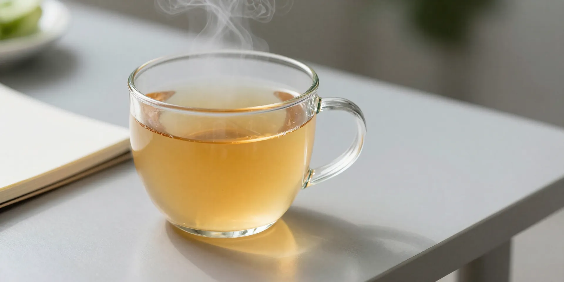 Midjourney prompt: A clear glass mug of steaming golden bone broth on a sleek, modern desk. A subtle sliver of a keto food plan is visible on a notebook beside it. Soft morning light, shallow depth of field making the broth glow. Lifestyle photography, realistic, clean composition.