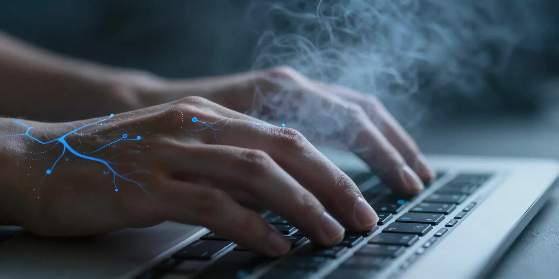 Close-up of a developer's hands on a keyboard, but the veins subtly pulse with soft blue light like circuitry. A calm, steady breath mist is visible in cool air. Sci-fi realism, detailed, focused on physical calm. Midjourney prompt.