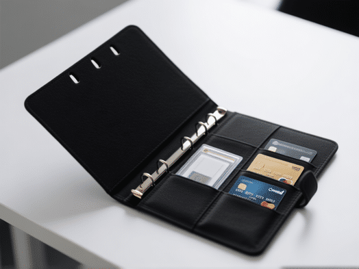 Minimalist desk setup with a single, elegant black binder opened to reveal a plastic trading card sheet, sleek business