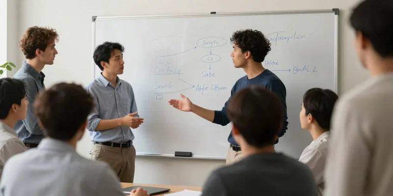 AI Image Prompt: Stable Diffusion. A tech team whiteboarding, but one member is gesturing calmly to de-escalate a heated debate. Visual focus on body language and shared focus, not the board. Realistic 3D render, warm office lighting, style of a documentary photograph capturing a real workplace moment.