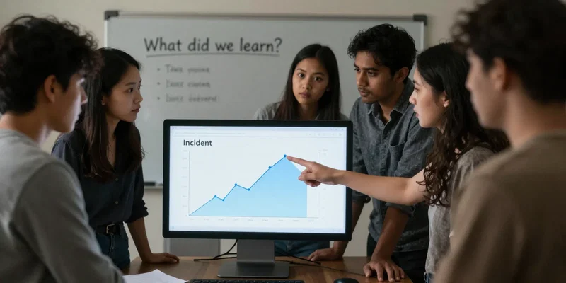 A group of people in casual clothes around a monitor showing a simple graph/dashboard. One person is pointing at a spike