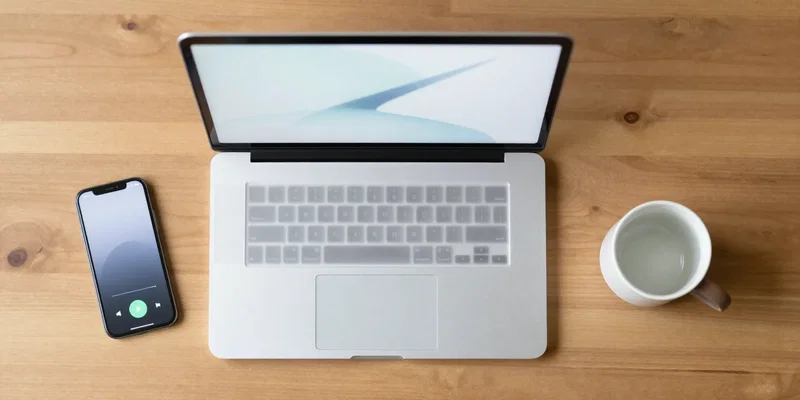 Midjourney prompt: minimalist flat lay, top-down view on a wooden desk, an open laptop with serene abstract patterns on screen next to a smartphone showing a simple meditation timer, a half-empty mug, clean aesthetic, soft morning light, peaceful, --ar 16:9