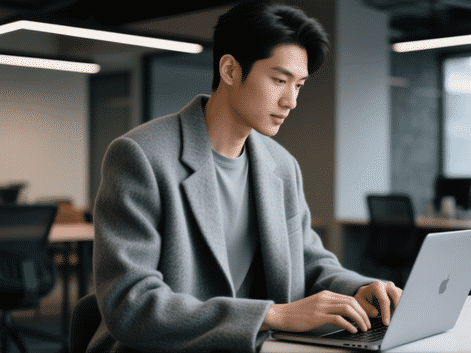 Stable Diffusion prompt: A modern, unstructured blazer in grey wool-blend, worn over a simple t-shirt. The fabric has a slight stretch, no wrinkles. Shot from the side, person typing on a laptop in a stylish co-working space. Cinematic lighting, focus on texture of the fabric. Photorealistic, fashion photography. --ar 4:5 --style raw