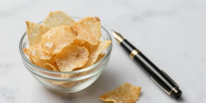Stable Diffusion Prompt: A small, elegant glass bowl filled with golden, lacy parmesan crisps, sitting on a marble desk surface beside a stylish fountain pen. Top-down view. The crisps are translucent in parts, with bubbled, crispy texture. Photorealistic, crisp details, studio lighting. --ar 16:9