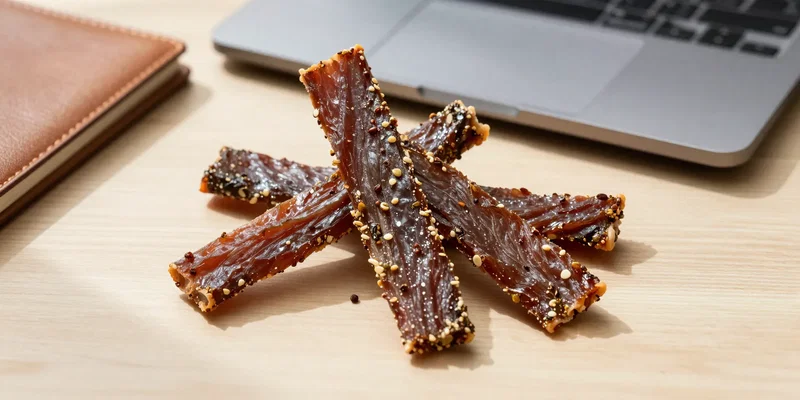 Midjourney Prompt: Macro shot, stunning food photography. Three artisanal beef jerky sticks on a minimalist wooden desk next to a laptop and a leather notebook. One is partially unwrapped, showing the textured, peppery meat. Sharp focus, natural window light, shallow depth of field. Style: Clean, modern, appetizing. --ar 4:5
