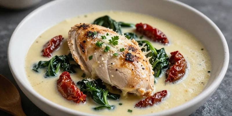 Stable Diffusion Prompt: A rustic white bowl filled with creamy Tuscan chicken. Tender chicken breasts, sun-dried tomatoes, and wilted spinach in a rich, buttery sauce. Garnished with fresh parsley and a sprinkle of parmesan. Style: Moody, food-blogger aesthetic, soft overhead lighting, shallow depth of field to blur a wooden spoon in the foreground. --ar 4:5
