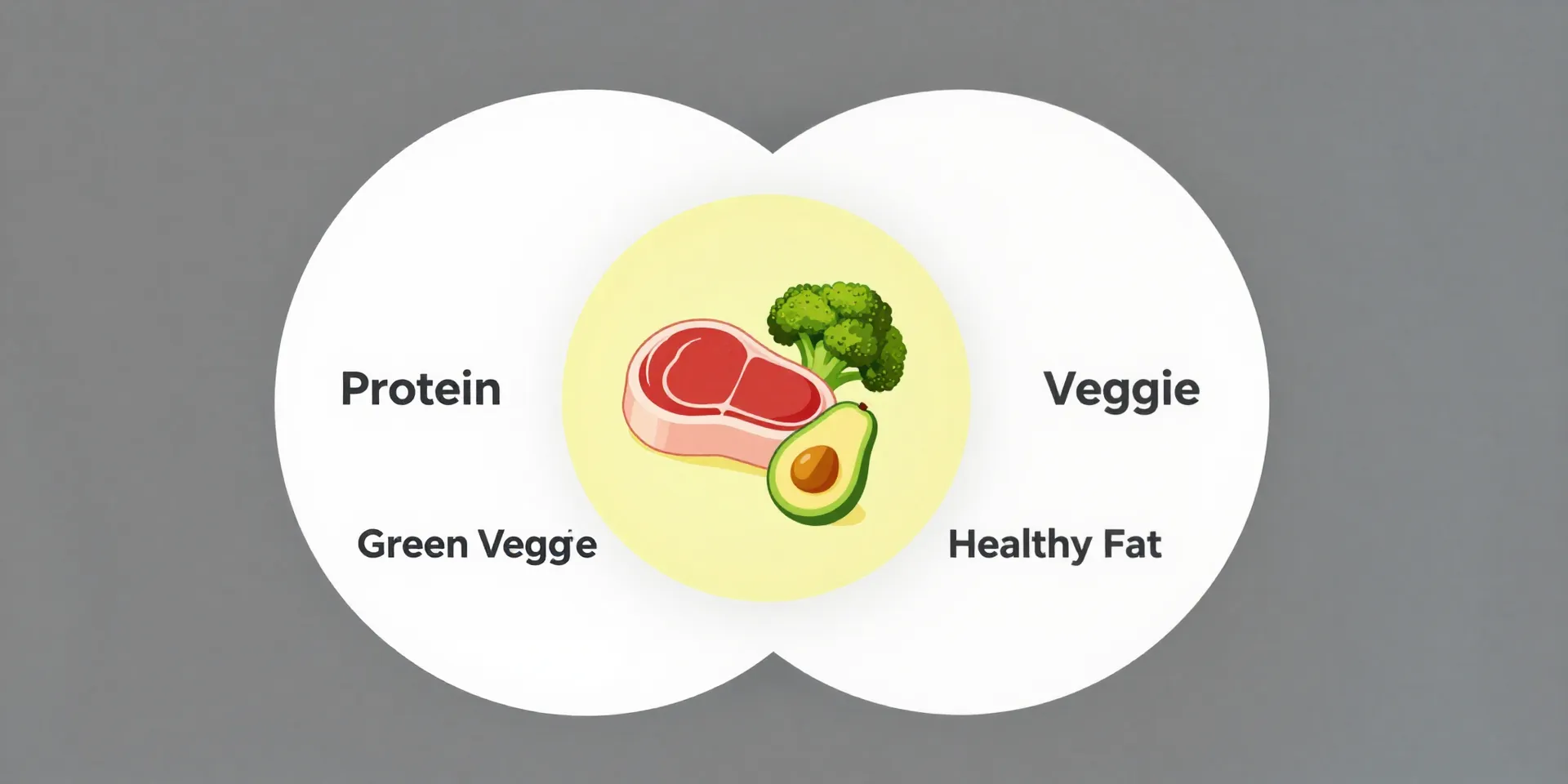 infographic style illustration, a simple Venn diagram, three circles overlapping labeled Protein, Green Veggie, Healthy Fat, the center highlighted, photorealistic icons of a steak, broccoli, and avocado oil --ar 16:9 --style raw