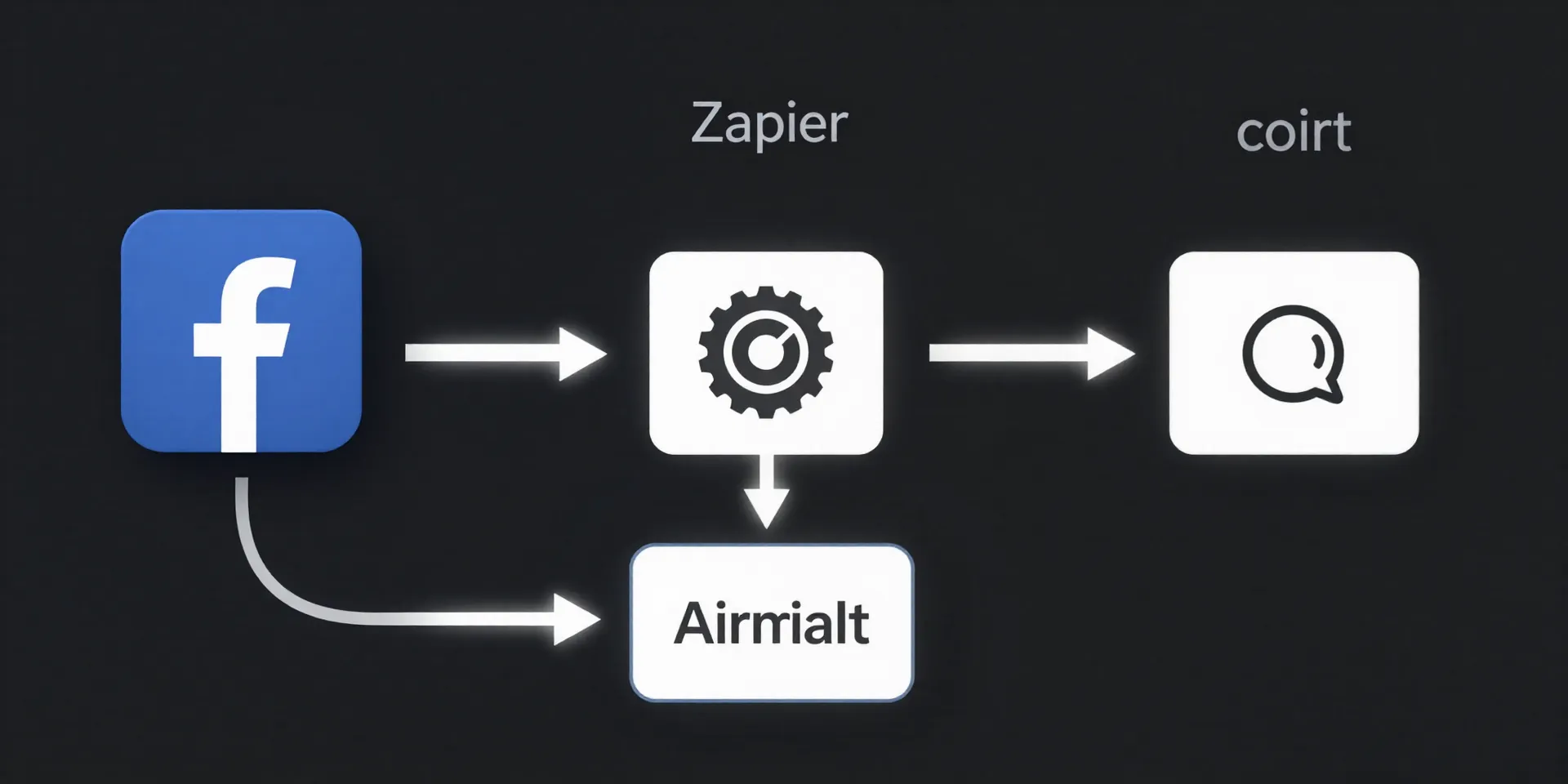 A clear, step-by-step flowchart on a dark screen: Facebook Logo -> Trigger Arrow -> Zapier Gear -> Action Arrow -> Airtable Logo, with simple icons and glowing connection points, UI/UX diagram, minimalist