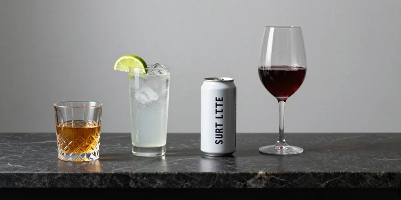 AI Image Prompt: Modern, clean flat lay on a dark marble bar top. A curated selection of keto-friendly drinks: neat whiskey in a crystal glass, gin and soda with a twist of lime, a spiked seltzer can, dry red wine. Minimalist aesthetic, sharp focus, dramatic lighting casting soft shadows. Studio photography, high detail --ar 4:3