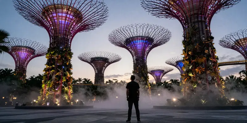Midjourney Prompt: low angle shot of Supertree Grove at Gardens by the Bay, Singapore, during dusk, solo traveler silhouette looking up, neon lights starting to glow, sci-fi atmosphere, volumetric fog, detailed foliage, photorealistic
