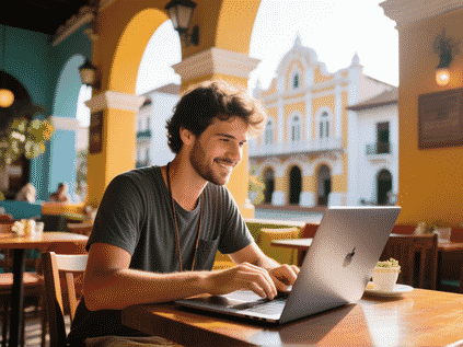 A digital nomad working on a sleek laptop at a vibrant cafe in Casco Viejo, Panama, colonial architecture in background, morning light, candid shot, detailed textures, realistic human expression, f/2.8