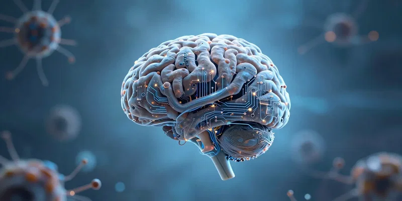 Midjourney Prompt: Symbiotic scene, a human brain made of delicate circuit boards and organic neurons, peaceful, floating in a soft blue light, style of microscopic photography mixed with sci-fi concept art --ar 16:9