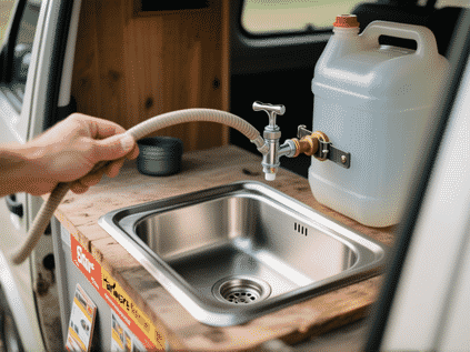 Midjourney Prompt: Close-up photo of a DIY campervan sink installation, using a small rectangular stainless steel bar sink from a hardware store, connected to a portable 5-gallon water jug with a simple spigot hose. Hand-tightened clamps, slight rustic feel, practical and unpolished. Shot from a low angle, shallow depth of field --ar 16:9 --style raw