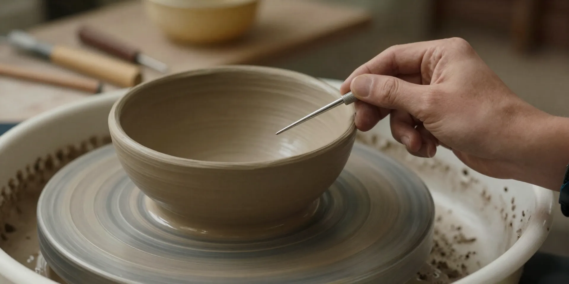 Close-up of a hand holding a slender metal needle tool against a spinning clay bowl on a pottery wheel, warm studio lighting, shallow depth of field, wooden tools blurred in background, photorealistic, 35mm lens, cinematic color grading --ar 16:9