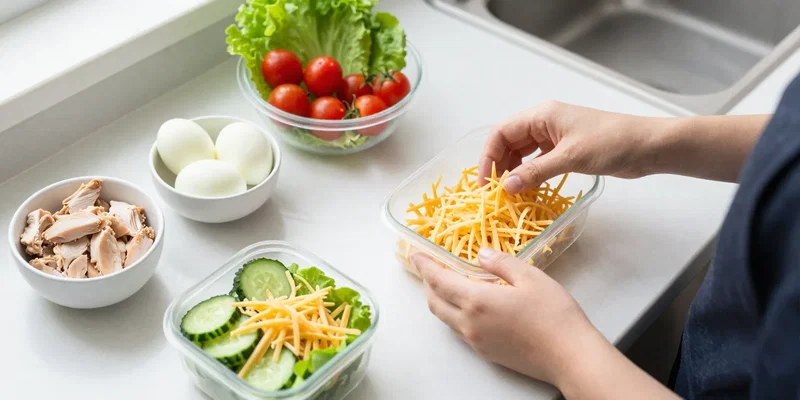 A high-angle view of a clean kitchen counter with meal prep components organized in bowls: diced chicken, boiled eggs, cherry tomatoes, sliced cucumber, shredded cheese, leafy greens. Hands are shown quickly assembling a container, focus on speed and efficiency, natural morning light.