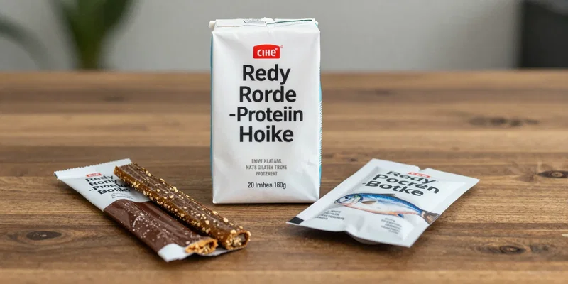 A selection of three sleek, single-serve packets on a wooden desk: grass-fed beef sticks, ready-to-drink protein shake, and a pouch of tuna. Sharp focus, muted background. --ar 16:9