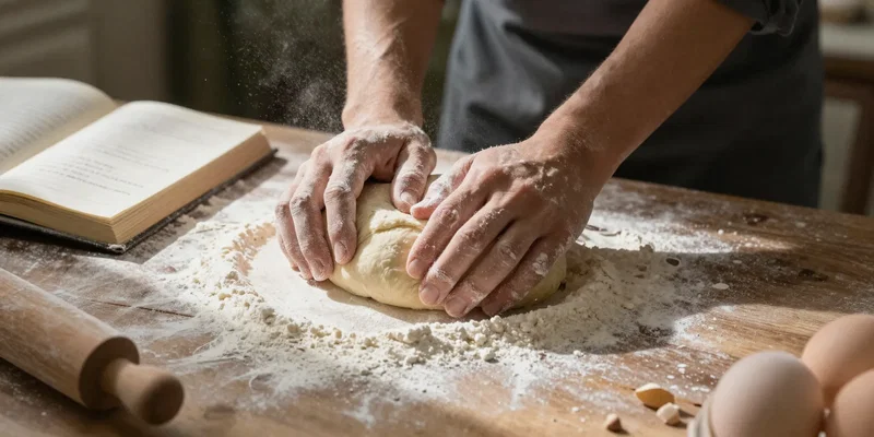 Hands covered in flour, kneading dough on a rustic kitchen counter. An open recipe book with handwritten notes, scattered
