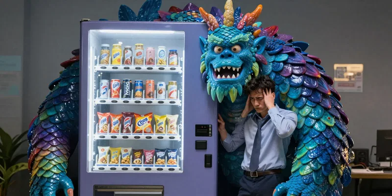 Conceptual photo from a low angle, a vending machine looking like a monolithic monster, its snacks as colorful scales