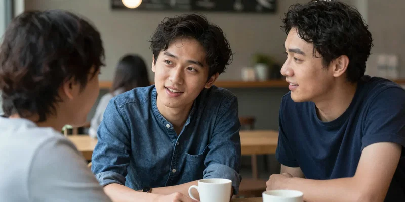 Two people having a casual, positive conversation at a cozy cafe. One person looks engaged and curious. Shallow depth of field, candid moment, realistic photo –v 6.