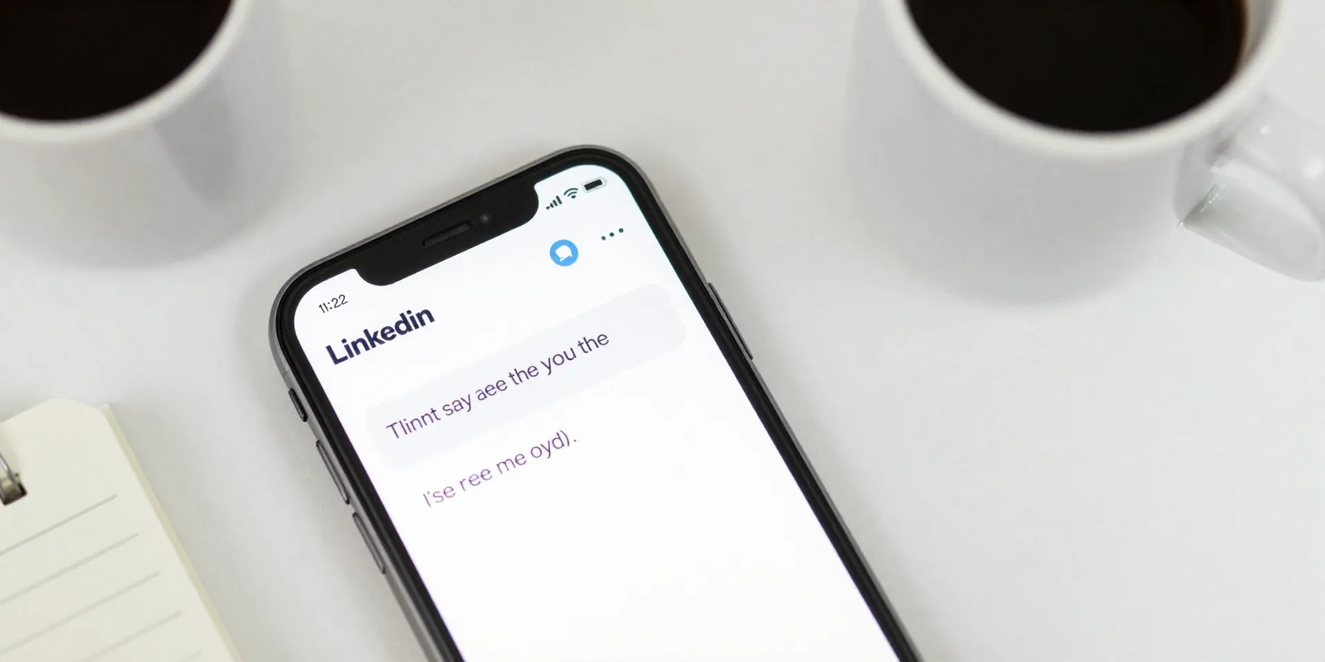 Minimalist flat-lay photography. A smartphone screen shows a LinkedIn post. A short, thoughtful two-sentence comment