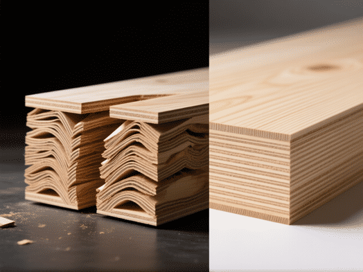 AI Image Prompt: A dramatic split-screen comparison. Left: A cross-section of warped, delaminated plywood with visible gaps. Right: A perfectly intact plywood cross-section, showing tight, even layers. Macrophotography, studio lighting, high detail --ar 16:9