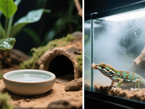 Two contrasting reptile terrarium setups: Left, ceramic water bowl next to a hide. Right, a gecko licking moisture from