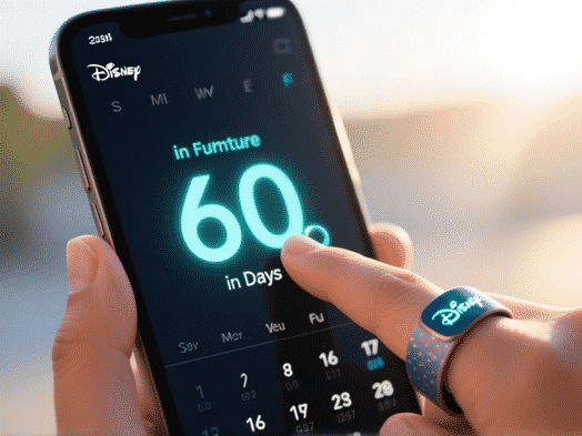 An extreme close-up of a digital calendar on a phone screen, with a date 60 days in the future glowing. A hand with subtle