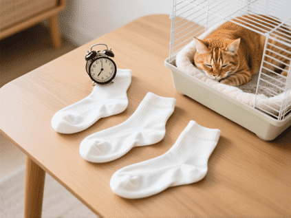 Three clean, soft, white cotton socks lying on a wooden table. One is near a snoozing orange tabby cat, one is tucked into the corner of a hamster's cage bedding, and one is neutral. Clean, minimalist aesthetic, top-down photo style, sharp focus.