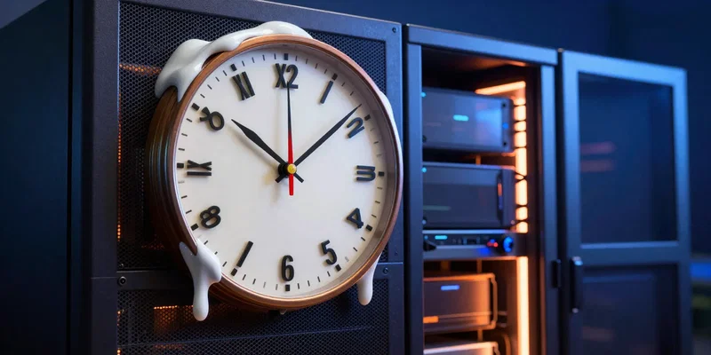 A melting Salvador Dali style clock draped over a modern glowing server rack, neon blue and orange lighting, surrealist tech art, highly detailed --ar 16:9