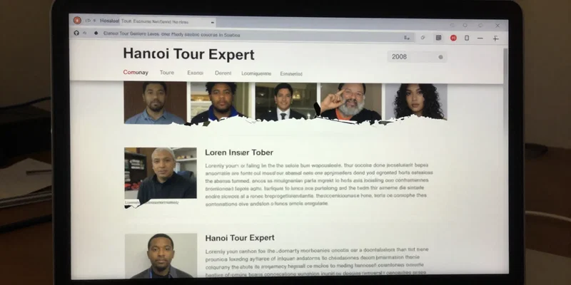 A blurry, outdated website screenshot on a laptop screen showing a 'Hanoi Tour Expert' site, with broken image links, Lorem Ipsum text visible, and a 2008 copyright date. Glare on the screen, desktop clutter around it. Mockup style, highly detailed.
