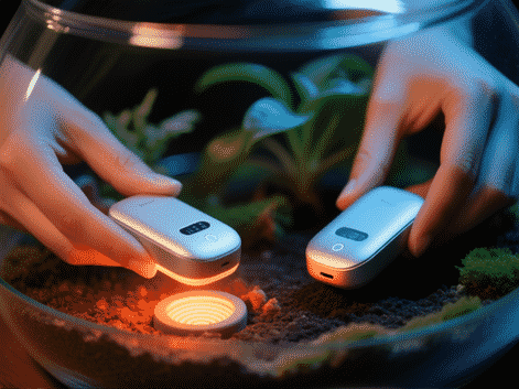 Close-up of a person's hands placing two small, sleek digital devices in a terrarium. One on the warm-side basking spot, one