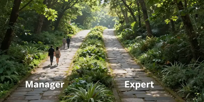 Visual metaphor. Two distinct, elegant stone paths diverge in a sun-dappled forest. One path is labeled 'Manager' with small