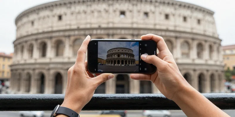 A woman's hands, with a wrist strap visible, balancing her smartphone perfectly on a cafe railing to frame a selfie with a historic building behind her. Clever composition, focused, detailed shot of the setup --ar 16:9