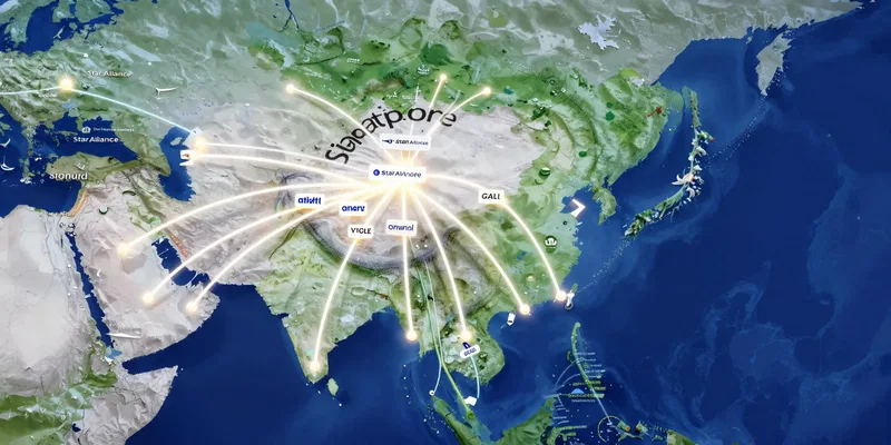 A stylized, interconnected map of Asia with glowing flight routes connecting major hubs like Tokyo, Singapore, and Seoul. The routes are labeled with airline alliance logos (Star Alliance, oneworld). Isometric view, digital illustration.